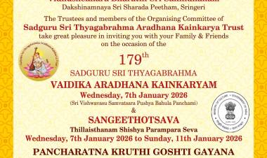 179th Thyagaraja Aradhana of Poet-Saint Sri Thyagaraja from January 7 to January 11, 2026, at the Sringeri Shankara Matha, Chamarajapete, Bengaluru