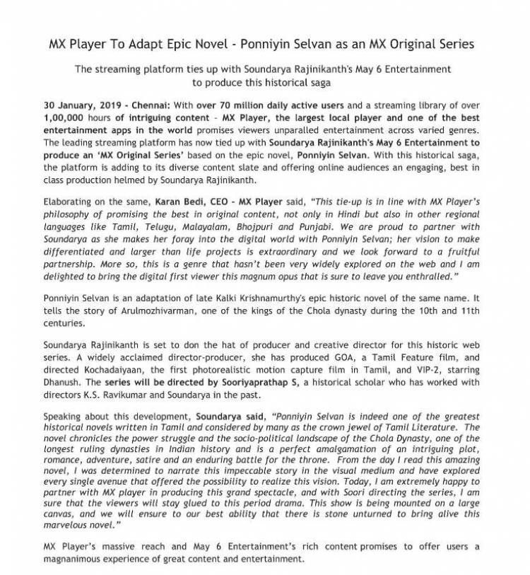 MX Player To Adapt Epic Novel - Ponniyin Selvan as an MX Original Series