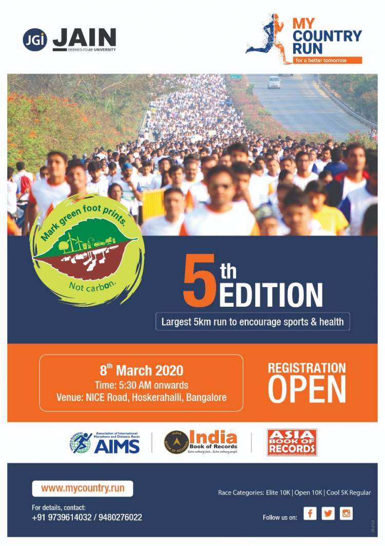 Bengaluru’s largest 5km Run – My Country Run, Edition 5 on  March 8th 2020