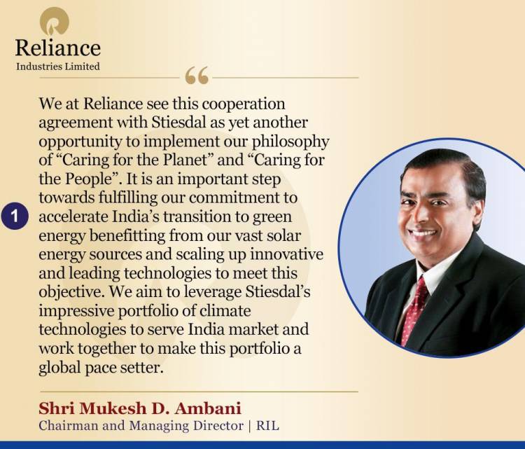 Reliance New Energy Solar Limited (RNESL) and Denmark’s Stiesdal A/S sign a cooperation agreement to collaborate on technology development and manufacturing of HydroGen Electrolyzers in India