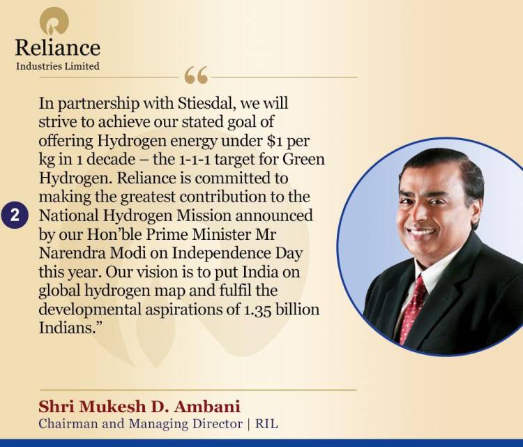 Reliance New Energy Solar Limited (RNESL) and Denmark’s Stiesdal A/S sign a cooperation agreement to collaborate on technology development and manufacturing of HydroGen Electrolyzers in India