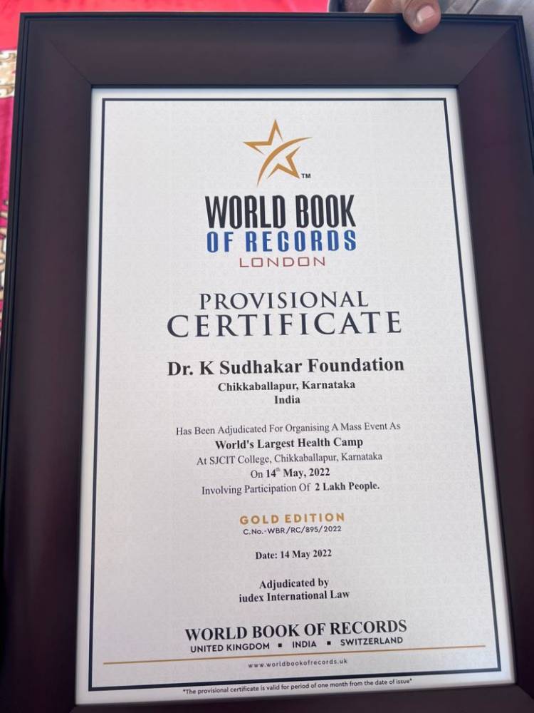  Dr K Sudhakar Foundation receives world record for conducting a free health camp for 2 lakh people