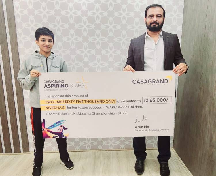 CASAGRAND provides sponsorship to budding kick-boxing player Nivedha under CASAGRAND Aspiring Stars initiative